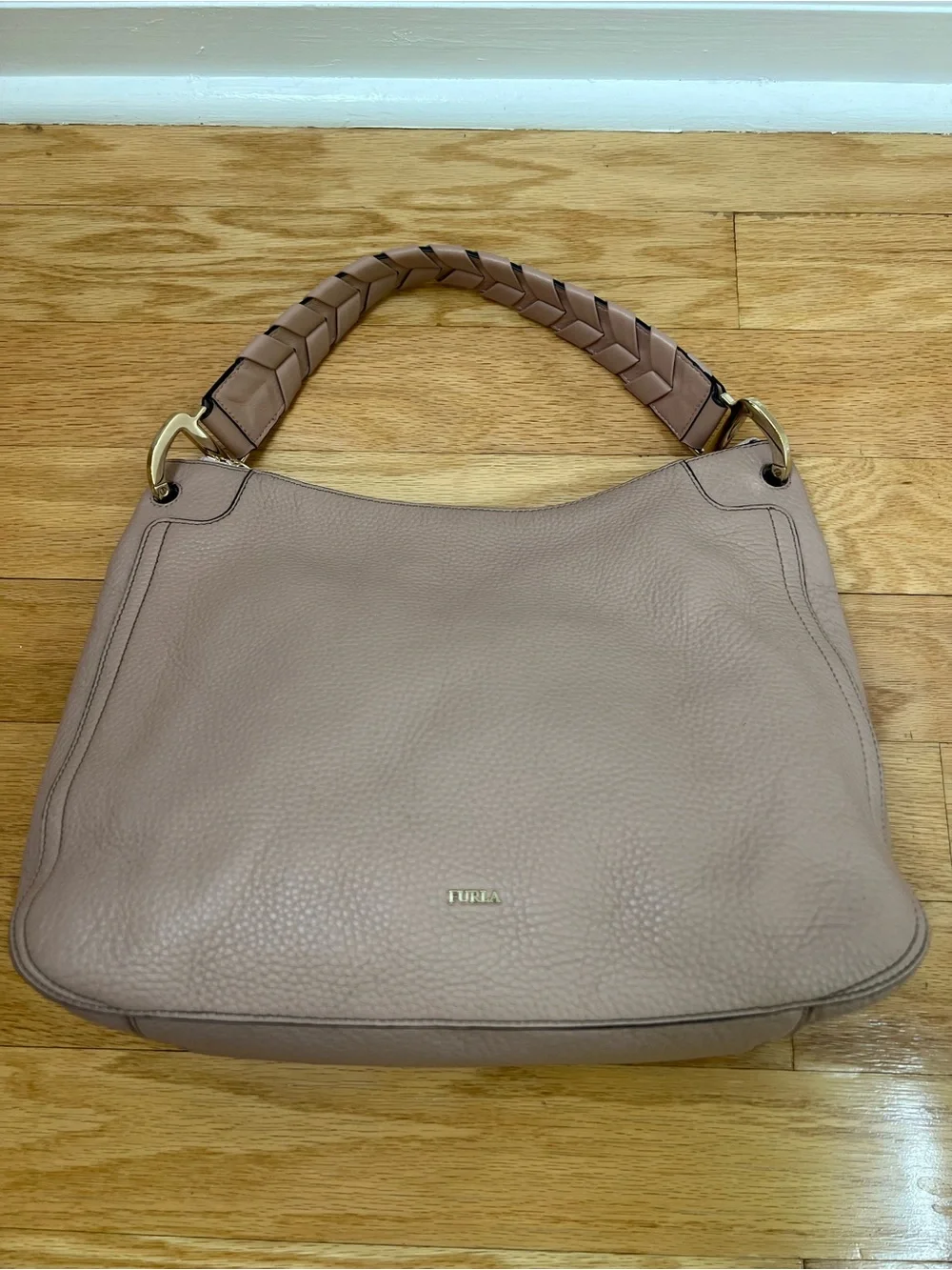 Authentic Furla Rialto Pebbled Leather Hobo Bag - Woven Handle in Powder Pink